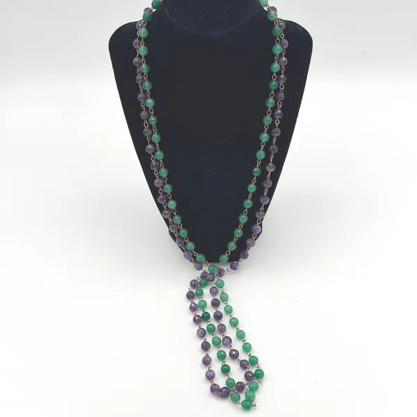 Purple Green faceted Bead 2 Necklace Set Layered Boho Statement Gold Tone 34" - Image 2