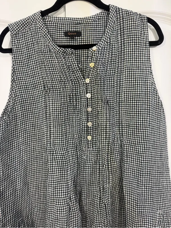 100% European Linen Sleeveless Mini Gingham Shift Swing Dress - Image 3