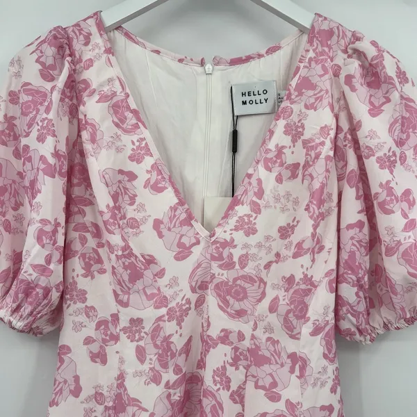 Hello Molly Women's 4 Short Sleeve Pink White Floral Mini Dress V-Neck Girly NWT - Image 3