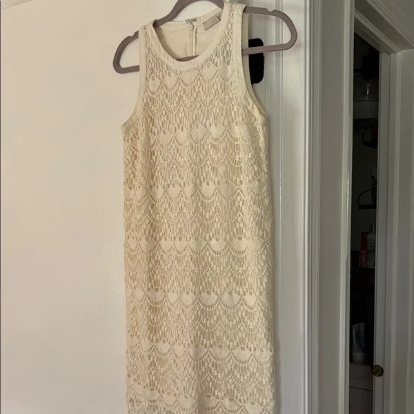 LOFT Ivory Crochet Lace Shift Dress Size 0 Scalloped Hem - Image 4