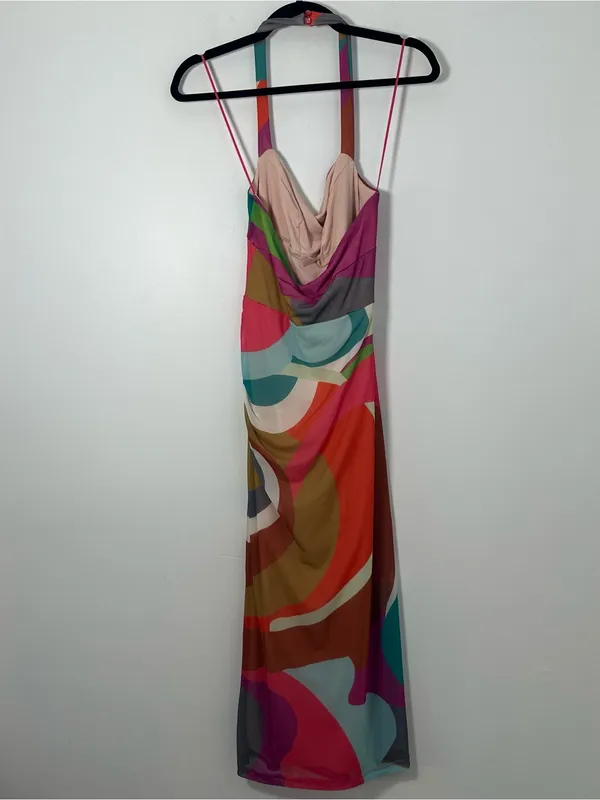 Anthropologie Women’s Abstract Multicolor Mesh Cowl Neck Midi Bodycon Dress S - Image 4
