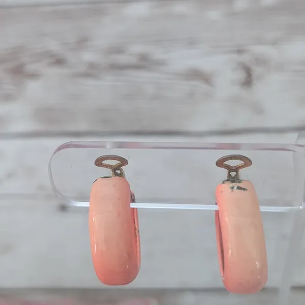 Vintage Clip On Earrings Retro Hoops Peach Like Tone - Paint Chipping & Tarnish - Image 2