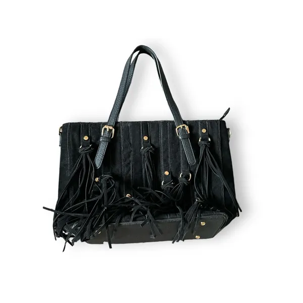 Womens Large Black Fringe Suede Embossed Studded Shoulder Bag Western Festival - Image 2