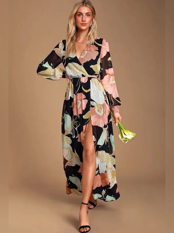 Lulus NWT Women Medium Black Pink Floral Lily Print Maxi Dress Summer Wedding - Image 2
