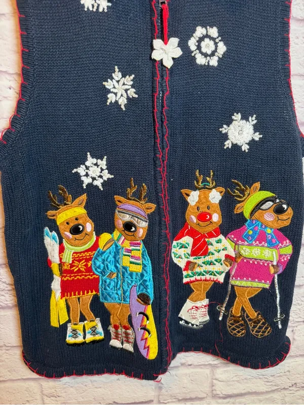 White Stag Ugly Christmas Sweater‎ Vest Reindeer Skiing Snowflakes Faux Fur L - Image 3