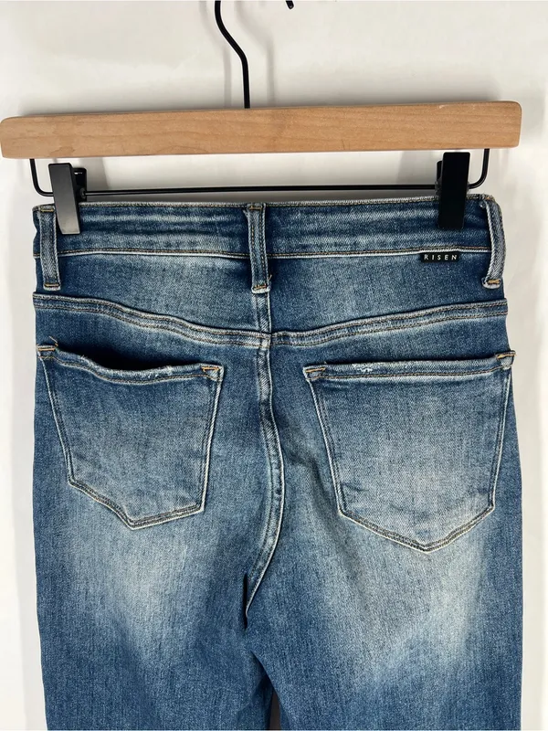 Risen Jeans High Rise Ripped Wide Leg Jeans Distressed Raw Hem Size 1/25 - Image 9