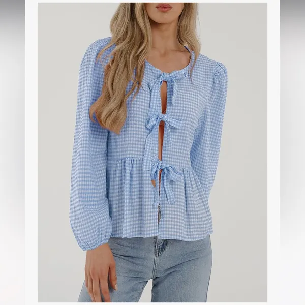 NWOT PRETTYGARDEN Babydoll Peplum Blouse Shirt Puff Long Sleeve Bow Tie Front XL - Image 4