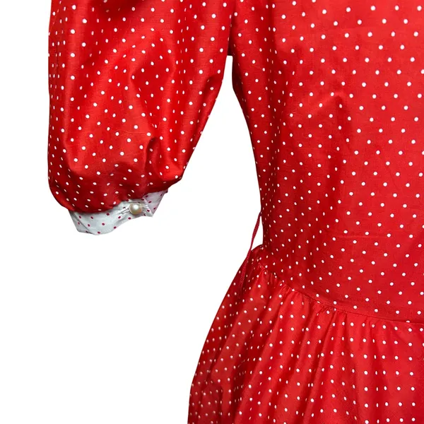 S.L. Fashions VTG 80s Polka Dot Puff Sleeve Midi Dress Red Size 9 - Image 10