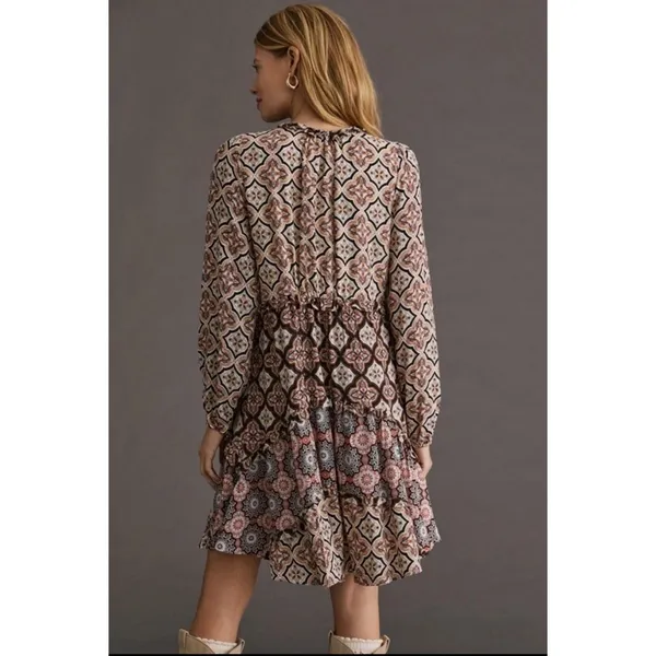 Anthropologie Mixed Print‎ Ruffle V Neck Long Sleeve Hi Low Mini Dress XS - Image 2