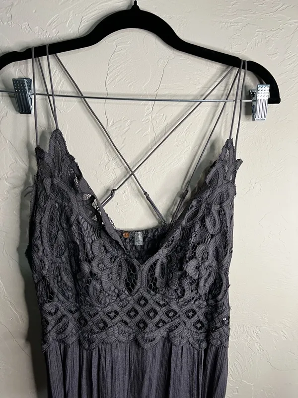 Free People FP One Adella Asymetrical Gray Purple Lace‎ Whimsy Mini Dress - Image 4
