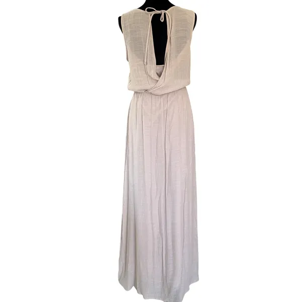 Womens L-XL Taupe Beaded Sequin‎ Neckline Sleeveless Maxi Dress Cowl Back - Image 3