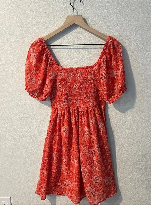 Sincerely Jules Vibrant Coral Paisley Print Chiffon Sweetheart Mini Dress Size S - Image 9