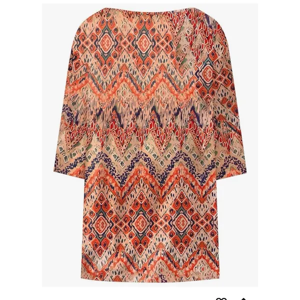 Womens Orange Ikat Geometric Print Tunic‎ Top 3/4 Sleeve Scoop Neck Boho Medium - Image 4