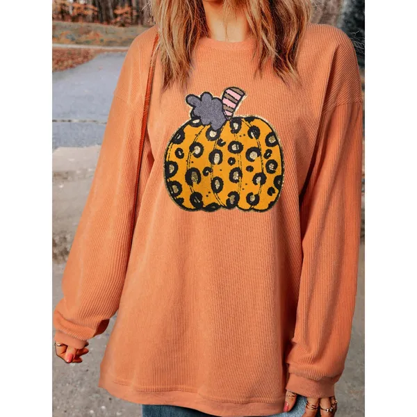 Halloween Leopard Pumpkin Patchwork Ribbed Sweatshirt - Image 4