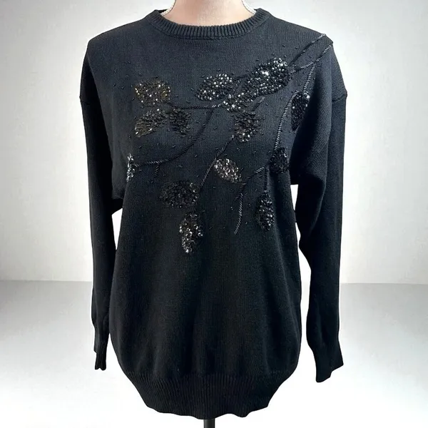 Vintage 80's/90's Jade Black Sequin Embellished Cotton Ramie Sweater Size Large - Image 2