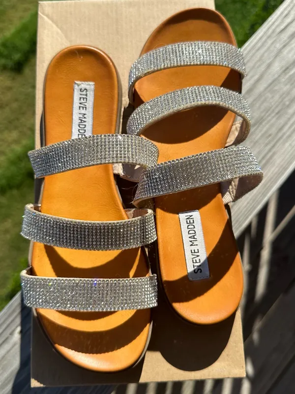 Steve Madden Crystal Triple-Strap Slide Sandal in Tan and Silver - Image 4