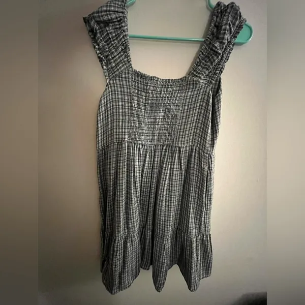 Old Navy Green and White Checkered Puff Sleeve Dress - Image 2