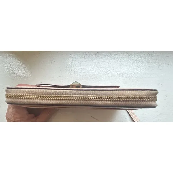 Kate Spade Bow Zip Around Wallet Blush Pink Hatched Leather Clutch Gold Tone - Image 15