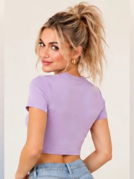 SKIMS Lavender Ribbed Fitted Crewneck Cropped Top XS Stretch Short Sleeve Lounge - Image 2