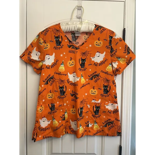 Scrubstar Womens L Halloween Print V-Neck Short Sleeve Scrub Top Cotton Orange - Image 12