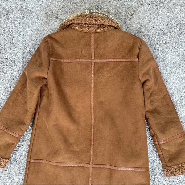 Stradivarius Women’s Faux Suede Teddy Shearling Long Coat Jacket in Brown L - Image 7