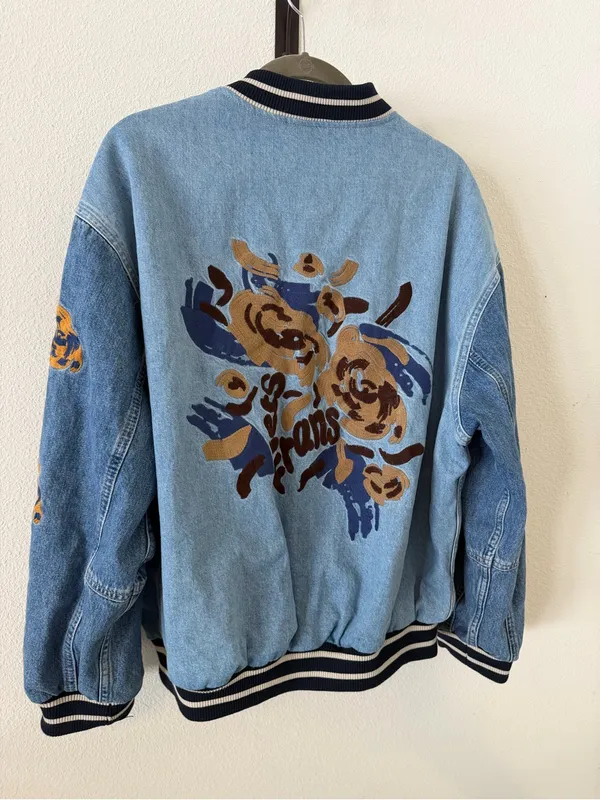 iets frans Blue Denim Embroidered Varsity Jacket Size XS - Image 6