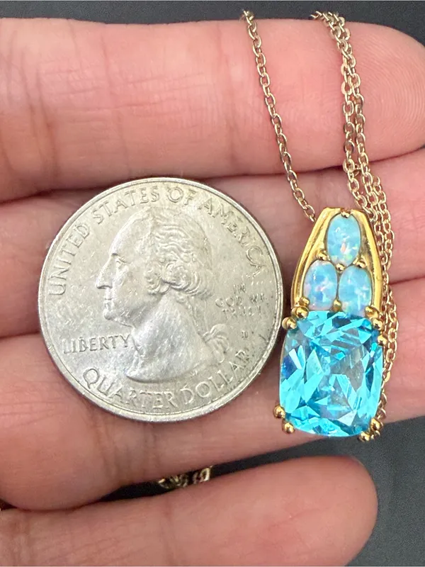 925 Sterling Gold Vermeil Cushion Cut Blue Topaz Gemstone Opal Pendant Necklace - Image 7