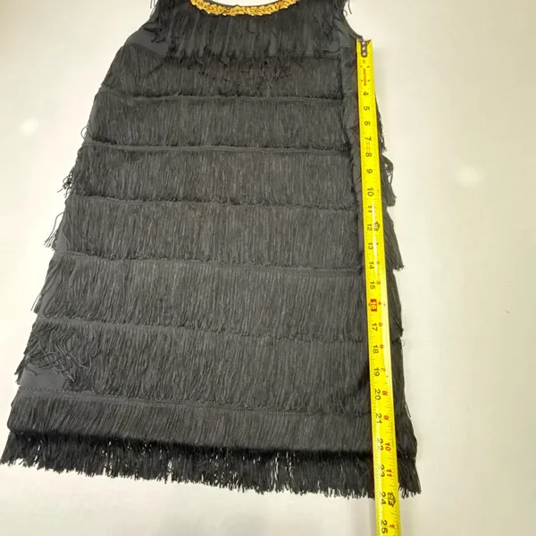 Women's Black Flapper Dress with Gold Sequin Neck Trim and Tiered Fringe - Image 5