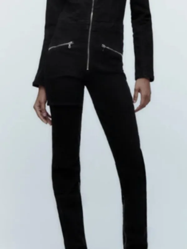 NWT ZARA Black Zip Denim Jumpsuit Long Sleeve Moto Utility XS 8197/247 Stretch - Image 6