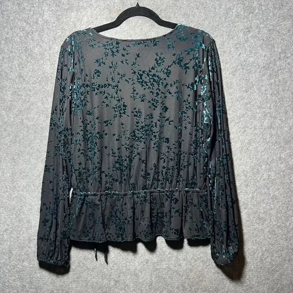 Lauren Conrad Womens Large Black‎ Teal Burnout Velvet Floral Peplum Wrap Blouse - Image 8