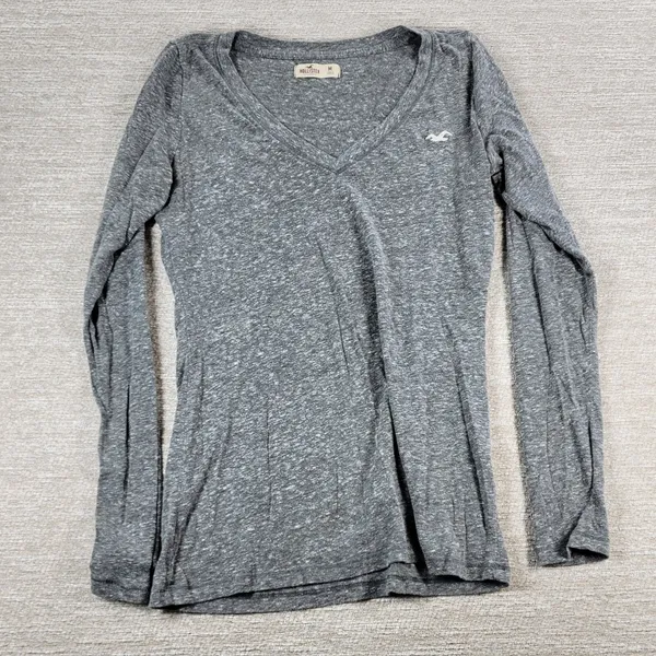 Hollister V Neck Long Sleeve Basic Tee Size M Womens Gray Slim Fit Logo Y2K - Image 13