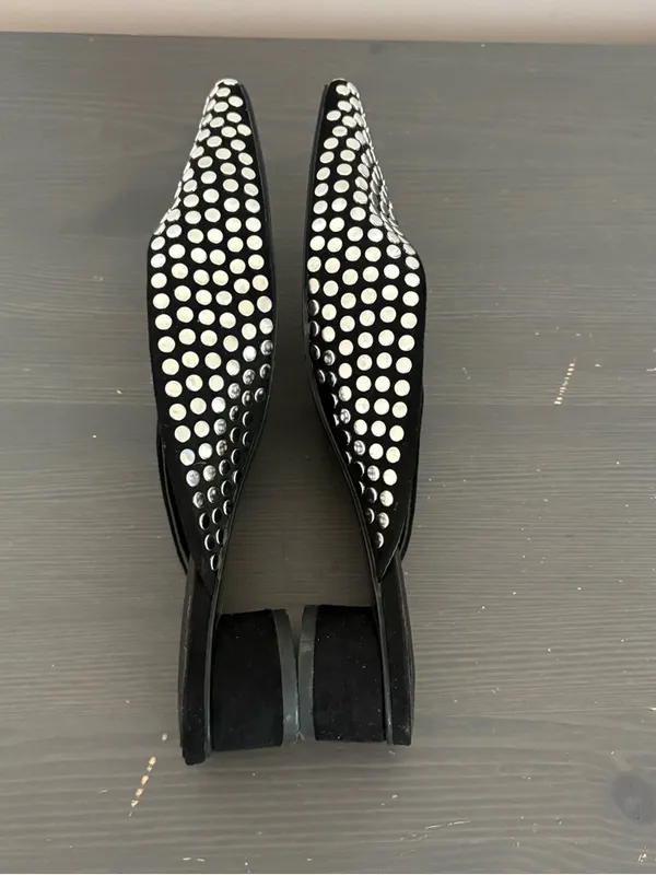 ZARA Black Studded Mules Size 37 Pointed Toe Kitten Heel Slip On Flats Chic - Image 9