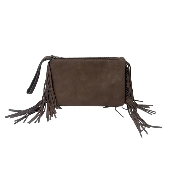 Sarah World Brown Suede Fringe Wristlet Sustainable Clutch Bag Bohemian Earthy - Image 2