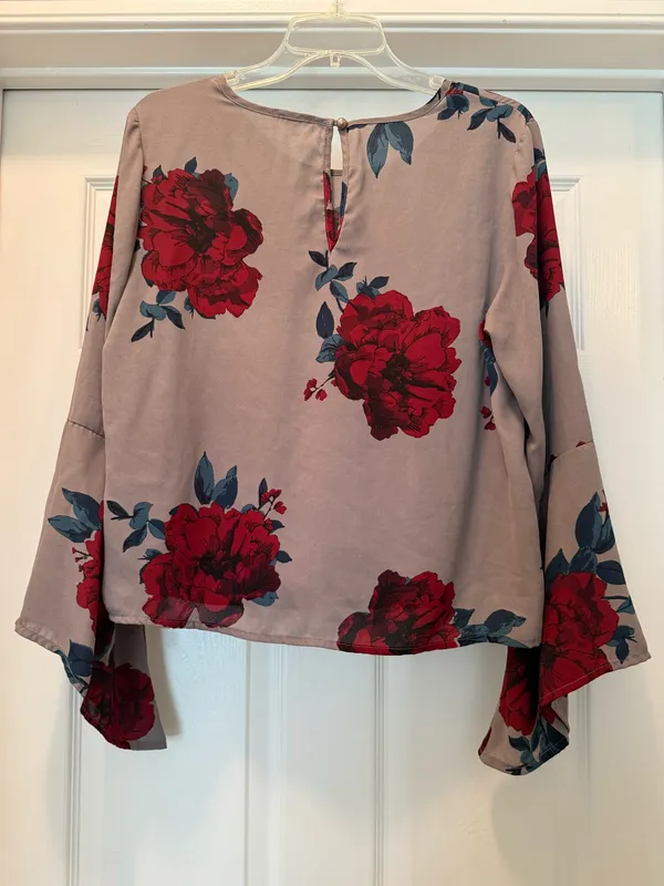 Floral Bell-Sleeve Blouse in Taupe with Red Roses - Image 2