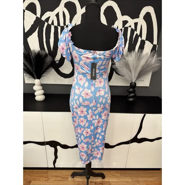 Boohoo Maternity Blue Pink Floral Off Shoulder Ruched Midi Dress Size 8 NWT - Image 5