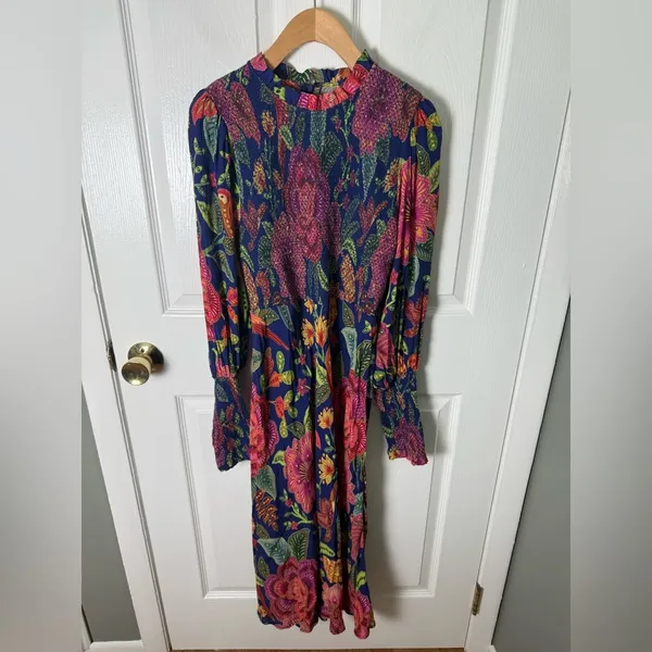 Farm Rio Macaw Bloom Floral Smocked Mock Neck Juliet Dress S - Image 2
