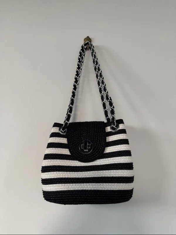 Striped Black and Cream Shoulder Bag with Chain Strap Black - Image 2
