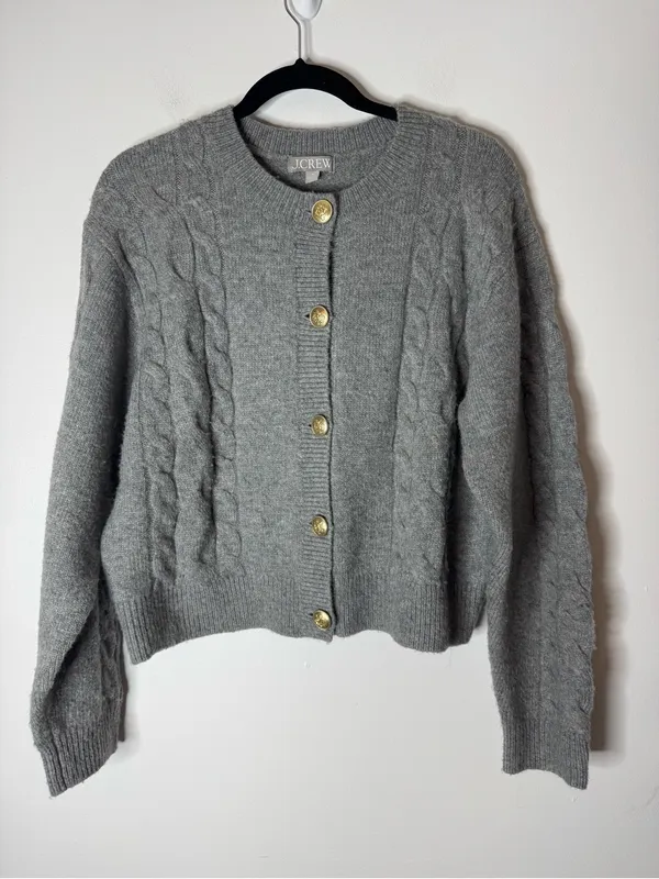 J.Crew Cable knit cardigan Wool Alpaca Sweater grey medium - Image 3