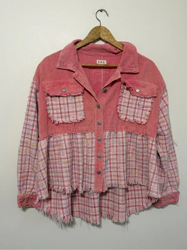 POL Pink Tweed Shirt Jacket Size Medium Shacket Patchwork Boho - Image 2