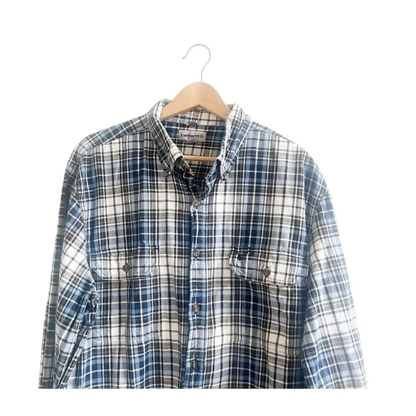 Carhartt Men’s Plaid Flannel Size XL Blue Black White Cotton Long Sleeve - Image 9