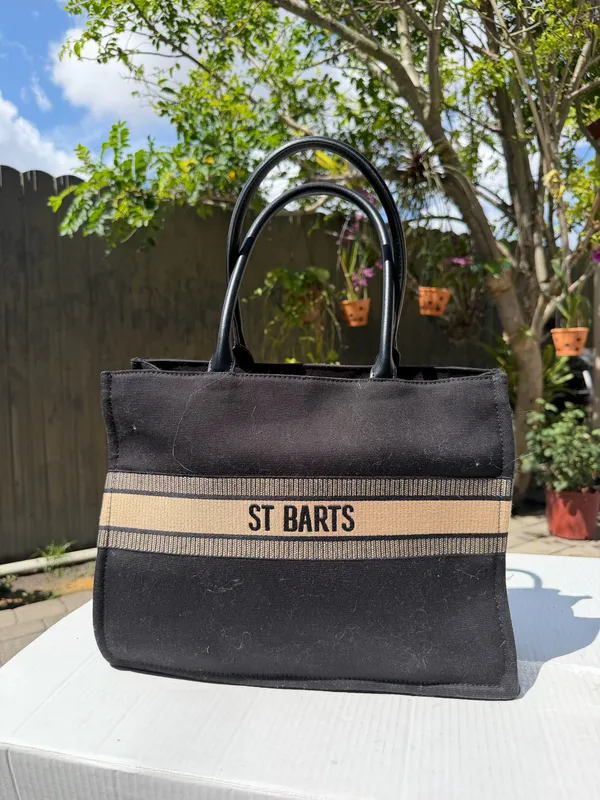 ST BARTS Black Canvas Tote Bag Beige Stripe Resort Beach Handbag - Image 13