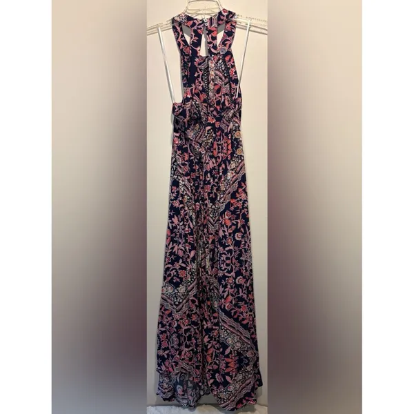 Abel the Label Anthropologie Vienna Halter Floral Maxi Dress Blue Pink Size S - Image 3
