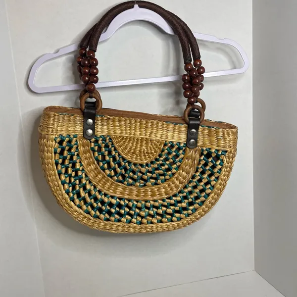 Brown Tan Teal Woven Straw Women’s Purse Handbag Wood Bead Accents Boho Beach - Image 2