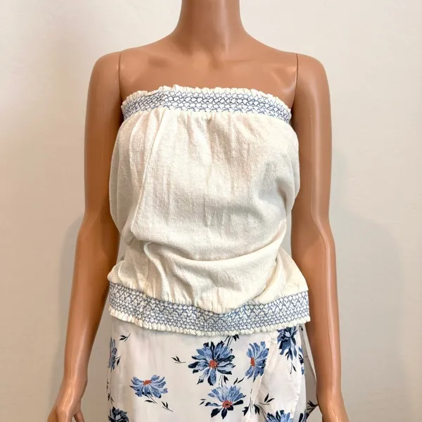 Anthropologie large Breezy Tube top linen embroidered smocked TS 3530 - Image 8