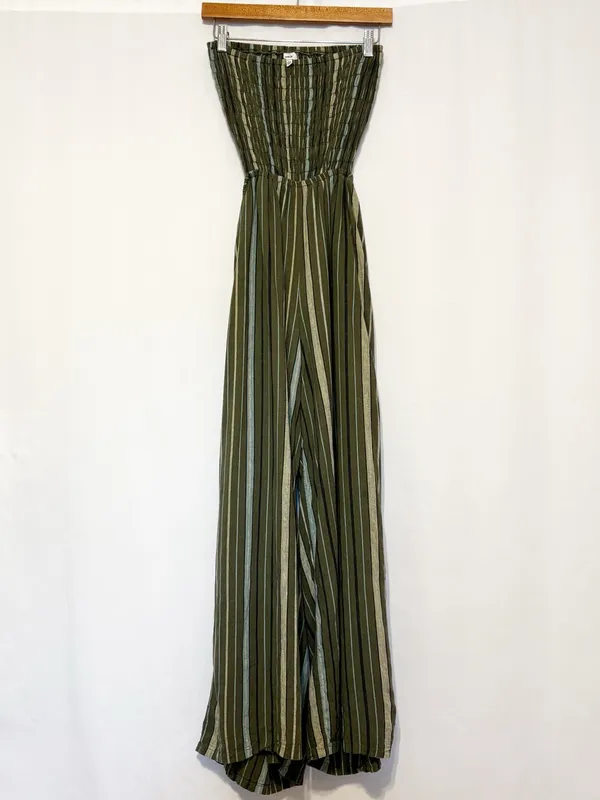 Aerie Strapless Smocked Linen Blend Green Jumpsuit size Small - Image 4