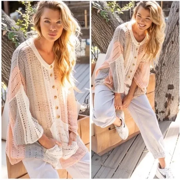 POL Blush Coral Stripe Loose Crochet Sweater - size small - Image 4