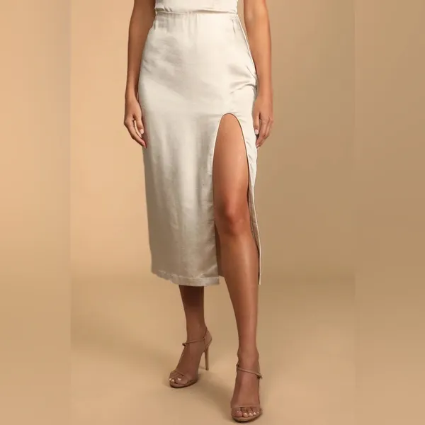 LULU’S Headed To Happy Hour Champagne Satin Midi Skirt - Image 3