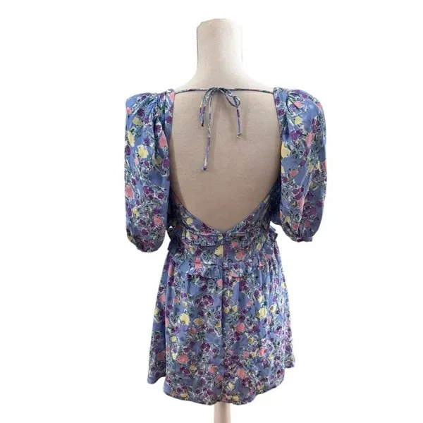 Love & Lemons Charlene Puff Sleeve Mini Dress in blue floral print - Image 3