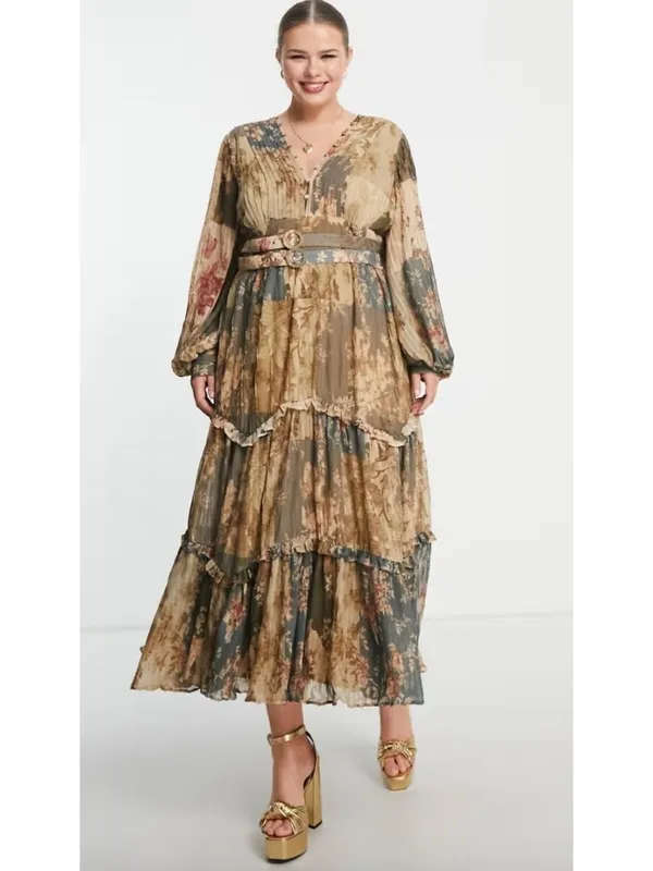 ASOS DESIGN Curve Pleat Detail Midi Dress Patchwork Print Belt Detail 18 - Image 2