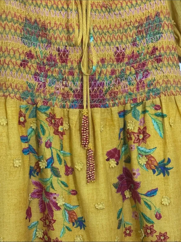 Farm Rio Boho Floral Dream Yellow Smocked Midi Dress - Sz Small - Image 7